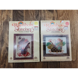 Vtng 2 Rainbow Stitchery Embroidery Crewel Cattail Bouquet/Posy Basket 1978